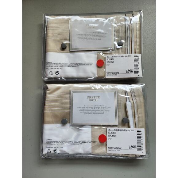 New Frette 2 Pc Set Porto Cotton King Shams White Sandstone Embroidery #06 - Picture 11 of 13